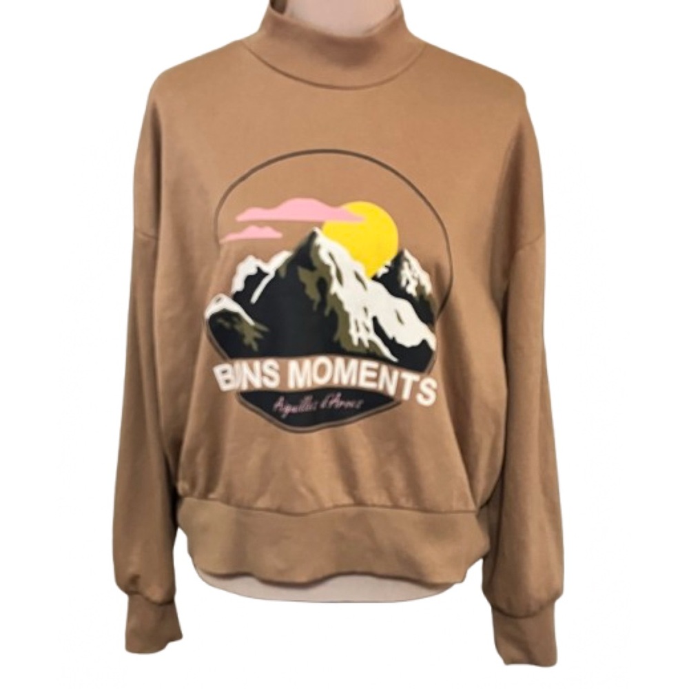 H&M Brown Mountain Graphic Mock Neck Sweatshirt Camp Hiking Size Large